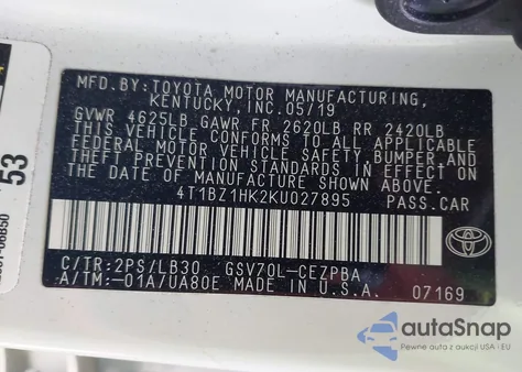 2019 Toyota Camry Xse V6 from USA, damaged, VIN 4T1BZ1HK2KU027895
